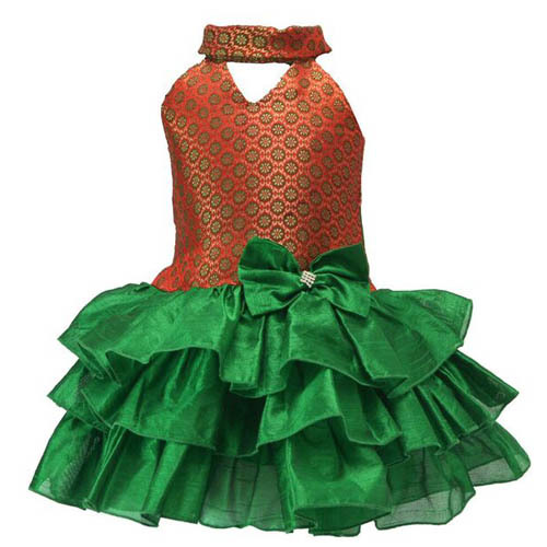 Dresses - Silk And Net, Orange | Brocade Embellishment, Halter Neckline, Layered Skirt, Elegant Party Frock