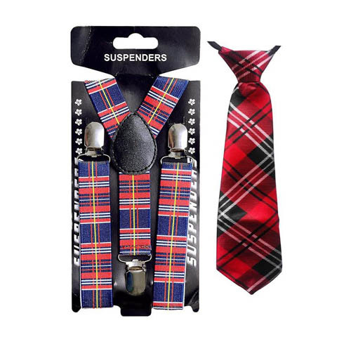 Suspenders For Kids - Polyester, Adjustable Length, Red Plaid | Metal Clips, Comfortable, Stylish, Matching 12 Inch Tie