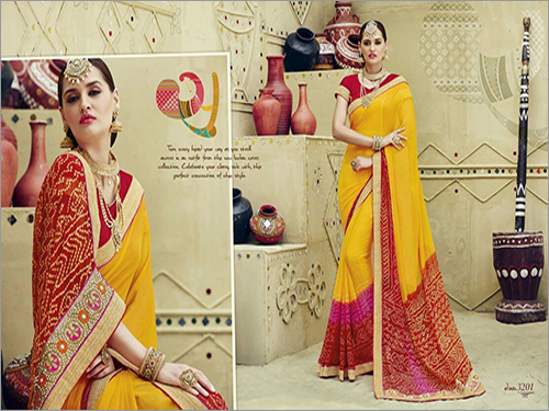 Designer Sarees - Silk Blend, 5.5 Meters, Yellow | Bandhani Print, Embroidery, Elegant Design, Comfortable Wear