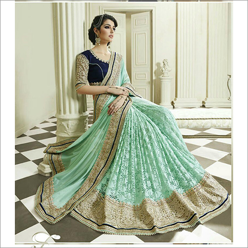 Designer Sarees - Silk Blend, 5.5 Meters, Sea Green With Gold Thread Embroidery | Elegant Design, Intricate Embroidery, Perfect Fit
