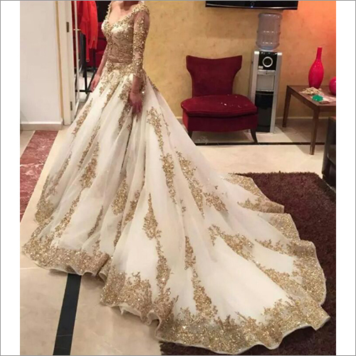 Hand Embroided Bridal Lehngas - Silk Net, Custom Size, Off-White with Gold Thread Embroidery | Intricate Embroidery, Handcrafted, Elegant Ballgown