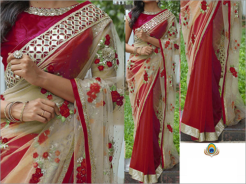 Designer Sarees - Net Silk, 5.5 Meters, Red | Floral Embroidery, Elegant Design, Comfortable Fit