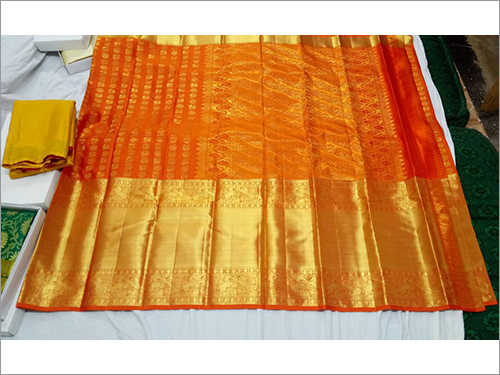 Kanjeevaram Silk Sarees - Pure Silk, 5.5m, Orange | Floral Design, Intricate Patterns, Elegant Drape, Durable Fabric