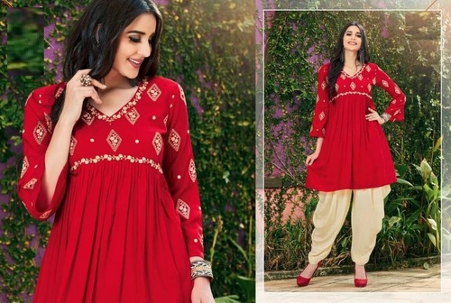 Ethnic Designer Kurti - Rayon, Sizes: XS-XXXL, Color: Red | Short Sleeve, Trendy Style, Suitable for Daily Wear, Ethnic, Formal, Party Wear
