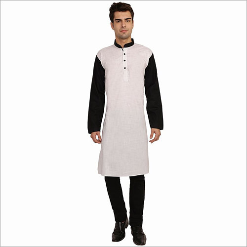 Veera Paridhaan - Cotton Long Kurta, Black and White Color, Long Sleeves, Plain Pattern for Men