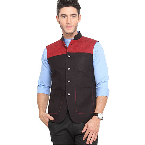 Veera Paridhaan Men's Solid Multi-Color Nehru Jacket - Other Material Sizes S & XL | Sleeveless Design Bold Black & Red Accents