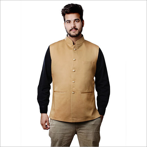 Mustard Yellow Veera Paridhaan Men'S Camel Color Cotton Nehru Jacket