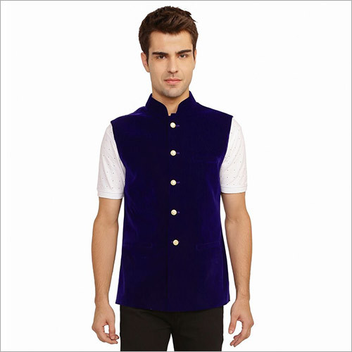 Veera Paridhaan Men'S Solid Blue Velvet With Gold Button Nehru Jacket Size: Extra Large