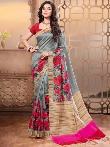 Grey Printed Silk Sarees