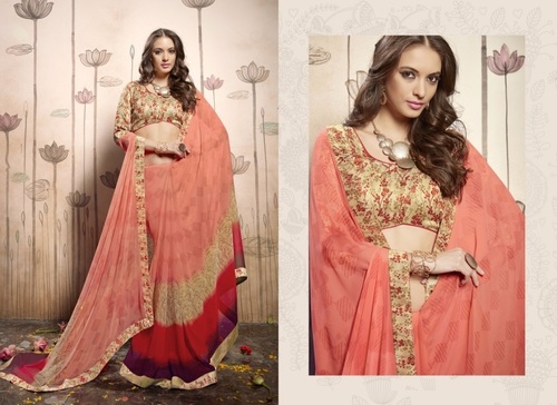 Georgette Saree - Red Printed Fabric | Bollywood Style, Suitable For All Seasons, Easy To Drape