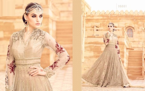 Beige Net Anarkali Suit - Santoon Inner & Bottom, Full Sleeves with Exquisite Embroidery and Lace Work, Customizable Sizes 36-42