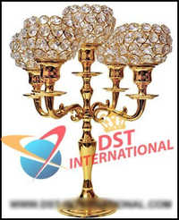 Brass Metal Crystal Candelabra - Brass, Crystal, Gold, Five Arms, Tea Light Holders, Wedding Decor