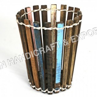 Recycled Wooden Bucket - Solid Wood, Polished Finish, Natural Wood Colour | Handmade Artwork, Durable, Easy to Clean, Eco-Friendly