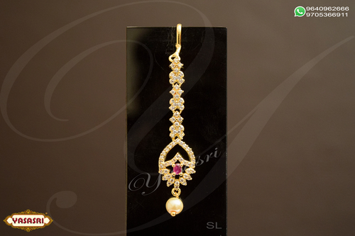 Cz Tikka - Gold Plated, Golden Maang Tikka with Quartz and Ruby Stones | Unisex and Women's Jewelry for Anniversary, Engagement, Gift, Party, Wedding
