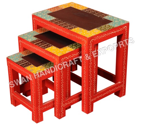 Wooden Textile Painted Nesting Stool (Set of 3)