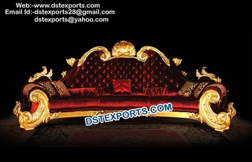 Stylish Carved Wooden Couch - Treated Wood, Burgundy, Leather Seats | Royal Look, Hand Carved, Cushioned Seating, Deco Painted Finish