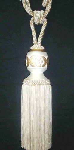 PURE WHITE CURTAIN TIEBACK - Viscose Rayon, 16"-4" Cords with Wooden Head, 4" Tassels Skrt 8"