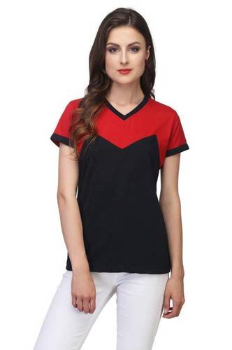 Ladies Designer T-Shirt - Cotton Blend, S-XL, Red | V-Neck, Two-Tone, Soft Fabric, Comfortable Fit