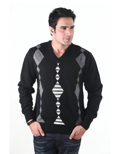 Stylish Woolen Sweater - Wool, Medium, Black | Warmth, Comfort, Softness, Durability, Elegance, V-Neck, Geometric Pattern