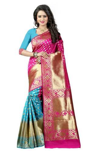 Handloom Web Dress - Cotton Silk, Printed Design in Alluring Pink | Light Weight, Easy to Drape, Vibrant Styles for All Seasons