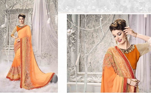 Embroidery Printed Saree - Cotton Silk, Orange Color, Embroidered Pattern | Alluring Style, Easy To Drape, Vibrant Designs