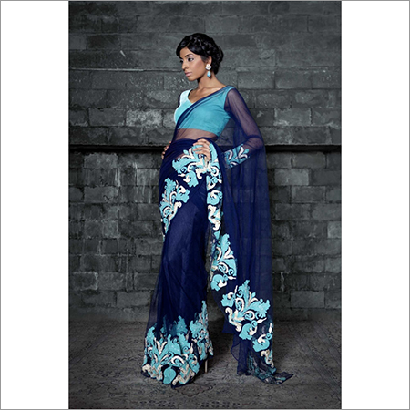Ladies Fancy Velvet Saree - Soft Velvet Navy Blue, 5.5m | Floral Hand Embroidery, Party Wear, Blouse Piece Included