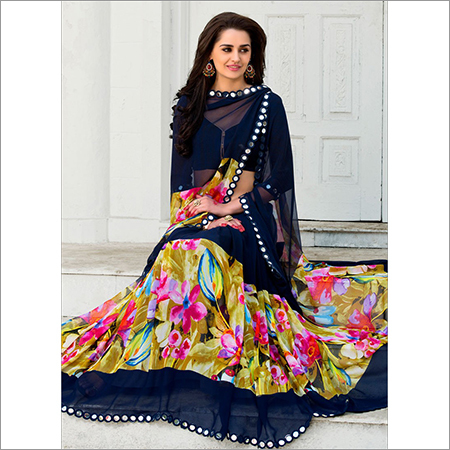 Ladies Printed Saree - Soft Chiffon, 5.5m, Navy Blue | Elegant Design, Lightweight, Digital Print