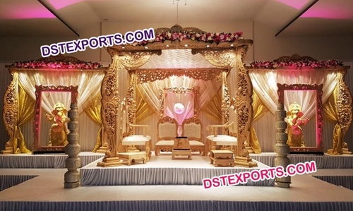 Wooden Wedding Mandap - Hand-Carved Wood, Gold Color, Variable Dimensions | Traditional Style, Elegant Design, Easy Assembly, Durable, Stable Structure