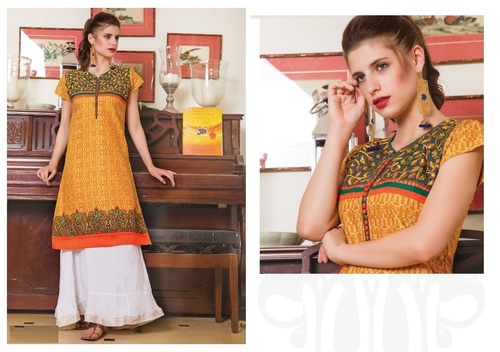 Georgette Yellow Embroidery Kurtis