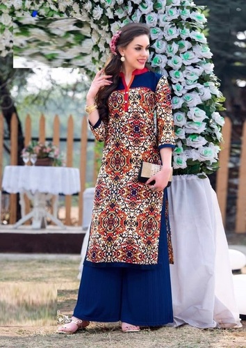 Ladies Cotton Kurtis - Georgette, Size: S, M, L, XL, XXL, XXXL, Color: Blue | Printed, Long Sleeve, Trendy, Versatile for Casual and Formal Occasions