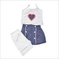 Designer Frock Suit - Cotton Blend, Small Medium Size, White And Blue Color | Casual Sleeveless Design With Printed Polka Dots And Heart Logo