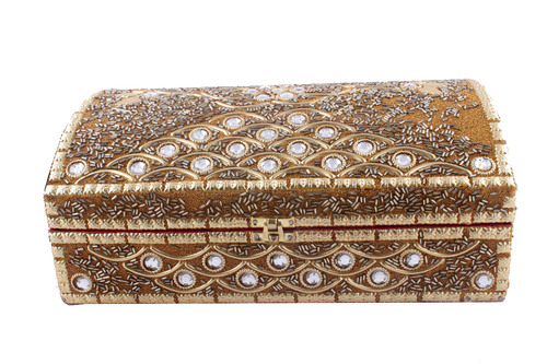 Golden Color Stone Beads Designer Bangle Box - Wood Stone Golden Hinged Lid | Handcrafted Elegant Design Secure Storage