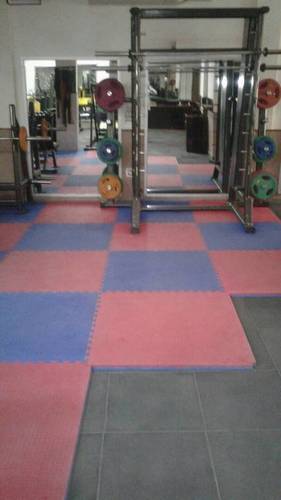 Interlocking Gym Tiles - Rubber, 20x20 Inch, Blues & Oranges | Interlocking Pattern, Plain Design, 10-30mm Thickness, Indoor Use