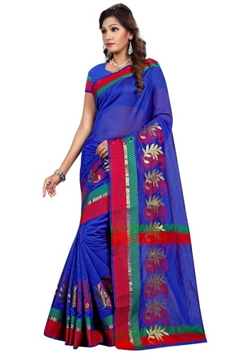 Cotton Silk Saree - Jacquard Material, Blue Color, Printed Pattern | Authentic Handloom Design, All-season Wear, Easy To Drape