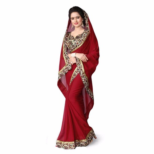 Red Plain Georgette Saree