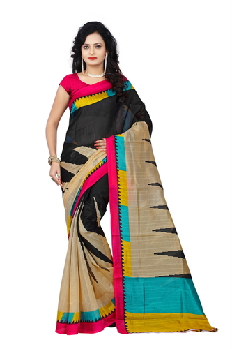 Fancy Cotton Silk Saree - Bhagalpuri Material, Printed Pattern, Black Color | Alluring Bollywood Style, Smooth End, Easy to Drape
