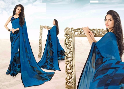 Printed Blue Georgette Saree