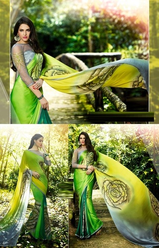 Cotton Silk Saree - Printed Georgette Material, Alluring Green Color | Bollywood Style, Easy To Drape, Versatile For All Seasons