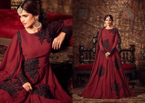 Maroon Georgette Long Suit - Embroidery & Lace Work, Full Sleeves with Matching Naznine Dupatta