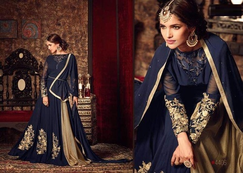Blue Georgette Long Suit - Embroidered Lace Work | Full Sleeves, Custom Size Range 36-42, Matching Naznine Dupatta
