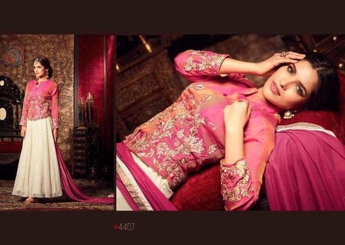 Georgette Long Suit - Shaded Pink & Cream with Embroidery & Lace Work | Full Sleeves, Custom Sizes 36 to 42, Matching Naznine Dupatta