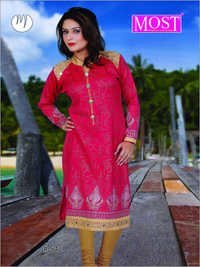 Ladies Woolen Kurti - Woolen Material, Knee-length Design , Enchanting Pink With Abstract Pattern And Copper Button Neckline