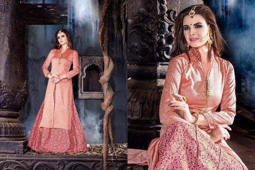 Peach Designer Work Readymade Top & Lehanga Suit