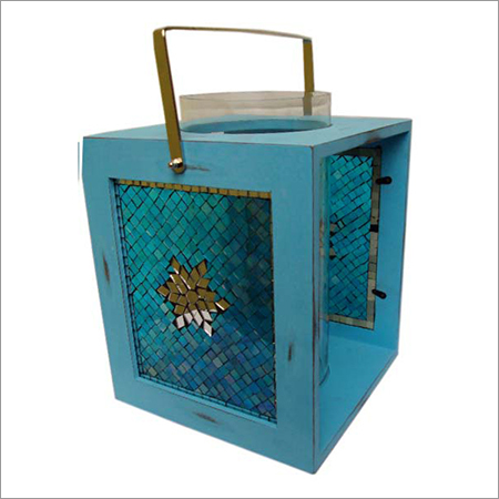 Blue Mosaic Glass And Metal Lantern
