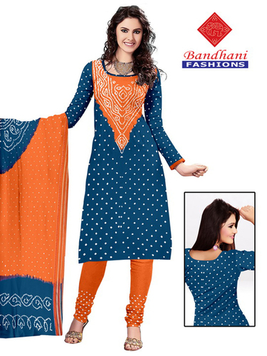 Bandhani Cotton Silk Suits - Blue and Orange | Versatile for Rainy, Spring, Summer, and Winter Seasons