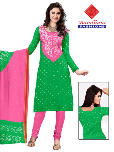 Green Bandhani Pink Lightgreen Cotton Silk Suits