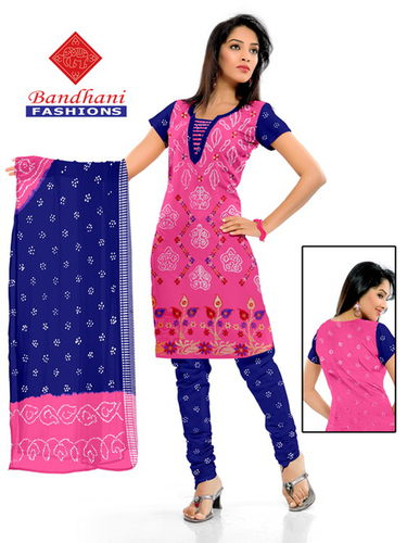 Printed Bandhani Pink Blue Cotton Silk Suits
