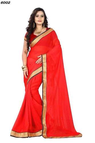 Georgette Plain Red Saree