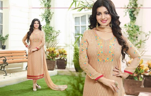 Designer Wedding Dress - Georgette Material, Customized Size | Coffee Color, Full Sleeves, Embroidered Pattern for All Seasons