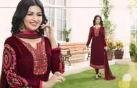 Ethnic Salwar Suit - Georgette, Customized Size, Maroon Color | Embroidered Pattern, Full Sleeves, Washable, Dry Cleanable For All Seasons